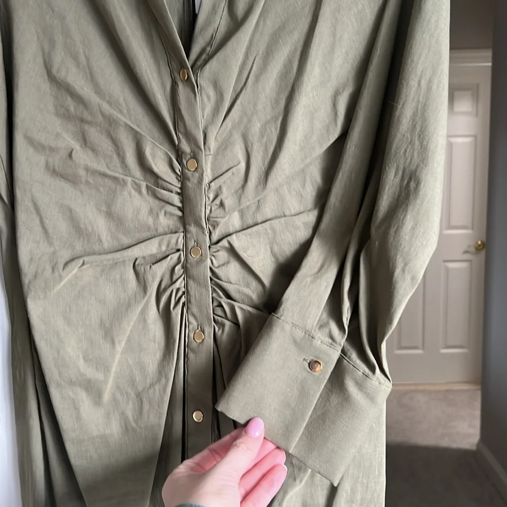 Zara Olive Green Long Sleeve Button-Front Maxi Dress - Picture 3 of 5